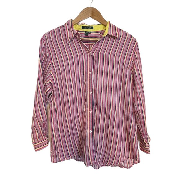 Lauren Ralph Lauren Blouse 100% Linen Multicolor Striped Long Sleeve Button Up - Picture 1 of 15